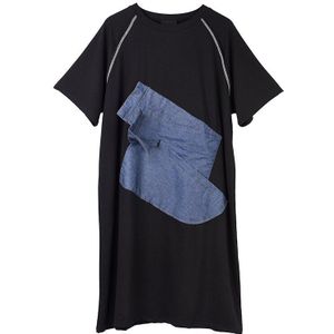 [Eam] Vrouwen Zwarte Denim Asymmetrische Big Size Jurk Ronde Hals Korte Mouwen Loose Fit Mode Tij Lente zomer 1T814