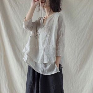 Retro Traditionele Chinese Kleding Voor Vrouwen Linnen Shirts V-hals Vintage Losse Dubbele Laag Elegante Hanfu Chinese Stijl Tops