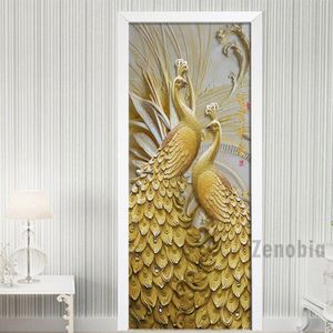 Deur Sticker Moderne Reliëf Gouden Pauw Wallpaper Woonkamer Slaapkamer Home Decor Muurstickers Pvc Zelfklevende Muurstickers