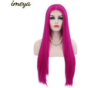 Imeya Lange Zijdeachtige Rechte Rose Pink Lace Front Pruiken Synthetische Hoge Temperatuur Hittebestendige Vezel Cosplay Pruiken Voor Vrouwen