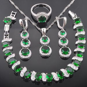 Groene Zirconia Verzilverd Sieraden Sets Vrouwen Bruiloft Armband Ketting Hanger Oorbellen Ring Brithday QS0493