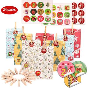 24Pcs Bag Draagbare Zak Kerst Decoratie Adventskalender Herbruikbare Countdown Candy Diy Papier Thuis Bruiloft