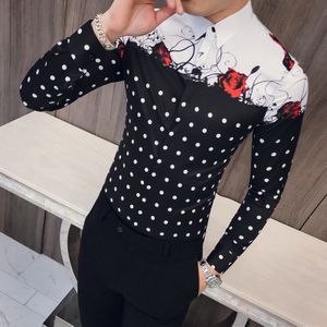 Lente Herfst Luxe Sociale Mannen Club Shirt Rose Dot Printing Splice Lange Mouwen Bloem Shirt Mannen Kemeja Pria Camisa Masculina