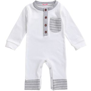 Focusnorm 0-24M Pasgeboren Baby Meisjes Jongens Rompertjes Effen Gestreepte Patchwork Lange Mouwen Pocket Katoen Jumpsuits