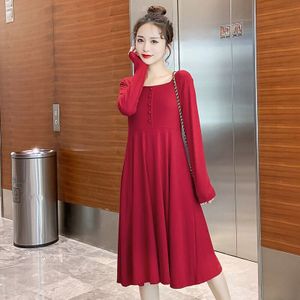 8021 # Herfst Koreaanse Mode Moederschap Jurk Lange Mouwen Slanke Elegante Kleding Voor Zwangere Vrouwen Stretch Losse Zwangerschap Jurk