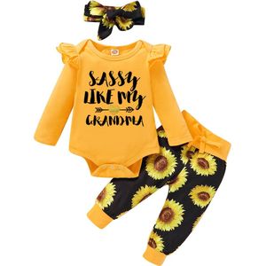 0-24M Baby Girl Fall Outfits Lange Mouwen Brief Print Ruffle Romper + Elastische Taille Zonnebloem Broek + hoofdband Set