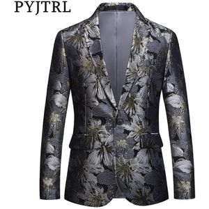 Pyjtrl Mannen Jacquard Bloemen Jasje Knappe Tij Slim Fit Balzers Casual Jas Mannelijke Stadium Signers Kleding