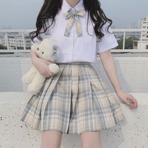 Japanse Strikje College Wind Korte Mouw Studenten Wit Shirt + Hoge Taille Vintage Plaid Geplooide Rok Pak Vrouwelijke zomer