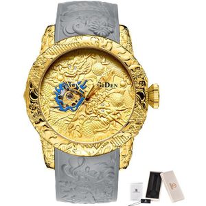 Biden Gouden Draak Sculptuur Automatische Mechanische Horloges Mannen Waterdichte Siliconen Band Quartz Horloge Klok Relojes Hombre