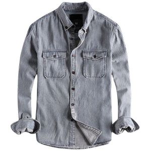 Japanse Harajuku Verticale Streep Button Down Jean Shirt Voor Mannen Urban Jongens Streetwear Gestreepte Lange Mouwen Denim Shirt Plus Size