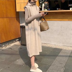 Herfst Hooded Gebreide Vest Jurk Vrouwen Casual Losse Plus Size Mouwloze Trui Jurk Koreaanse Stijl Mode Jurken Gewaden