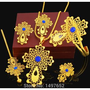 Laatste Ethiopische Cross Set Sieraden Ketting/Hanger/Armband/Earring/Ring/Haarspeld 24 k Goud Kleur afrikaanse Bruids Bruiloft Set