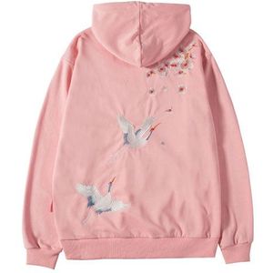 GONTHWID Geborduurde Chinese Karakters Kersenbloesems Crane Dunne Hoody Heren Harajuku Casual Trui Hoodies Tops