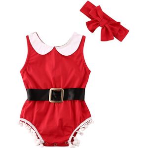 2 stuks 0-18m Kerst Prinses Baby Baby Meisje Kleding Mouwloze Kwastje Bodysuit Rode Katoen Jumpsuit Baby Meisje kleding