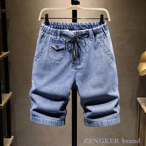 Blauw Plus Size Denim Shorts Heren Zomer Dunne Gedeelte Plus Size Knielengte Jeans Elastische Taille Zakken Casual Broek 7XL 6XL 5XL