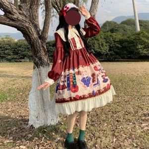 Japanse Stijl Schattige Beer Gedrukt Lantaarn Op Lange Mouwen Verstoorde Lolita Jurk Vrouwelijke Herfst Kawaii Kleding Zoete Lolita jurk