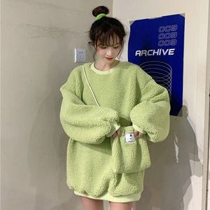 Vrouwen Geen Hoed Hoodies Trui O-hals Vrouwelijke Sweatshirts Solid Simple Faux Lamswol Dikkere Zachte Snoep Kleur Zoete Ulzzang Chic