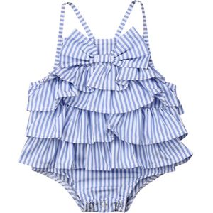 Zomer Baby Meisjes Gestreepte Boog Romper Mouwloos Ruffle Ruglooze Outfits Baby Kleding