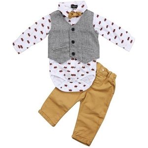 Formele Mode 3 STKS Pasgeboren Baby Baby Jongens Cartoon Print Romper Grey Vest Tops Broek Suits Outfit Fall Party 0-24 M