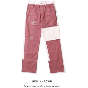 Contrasterende Kleur Gothic Alfabet Borduren Streetwear Jeans Mannen Hip Hop Gewassen Verontruste Riped Slim Fit Denim Broek Mannelijke