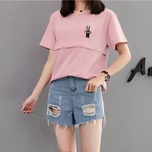 Krijtstreep Postpartum Verpleging T-shirt Korte Mouwen Moederschap Tops Grappige Zwangerschap Shirt Zwangerschap Kleding