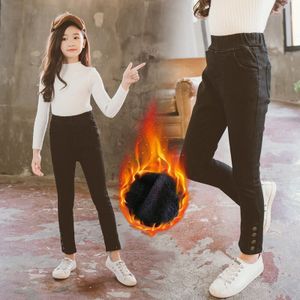 Winter Kids Meisjes Warm Skinny Jeans Broek Kinderen Dik Fluwelen knoppen Broek Tieners Meisjes Stretch Denim Potlood Leggings Q137