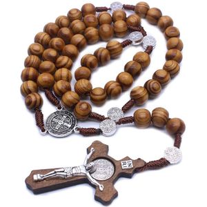 Handgemaakte Ronde Bead Katholieke Rozenkrans Kruis Religieuze Hout Kralen Mannen Ketting Charm