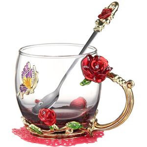 Rood Blauw Rose Emaille Crystal Tea Cup Mok Vlinder Rose Geschilderde Bloem Water Cups Helder Glas met Lepel Set perfect