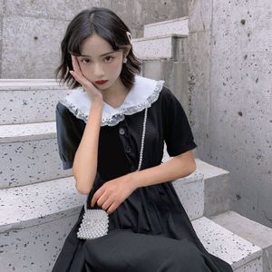 Retro Lolita Dark Gothic Jurk Japanse Ins College Stijl Zoete Stiksels Navy Kraag Losse Korte Mouwen Jurk