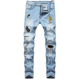 Heren Skinny Jeans Rip Slim Fit Stretch Denim Distress Verzwakte Biker Scratchted Hollow Out Lange Jeans Jongen