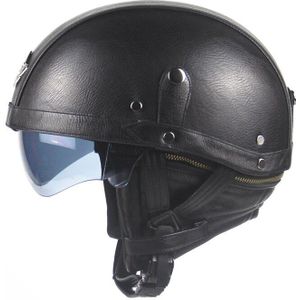 Zwart Volwassen Lederen Helmen Voor Motorfiets Retro Half Cruise Helm Prins Motorhelm Goedgekeurd