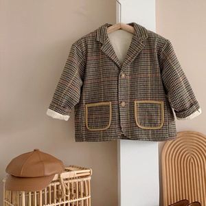 Herfst Winter Jongens Meisjes Mode Lange Mouw Wollen Jas Mode Losse Retro Plaid Pak Voor Kinderen Kids Korte Overjas