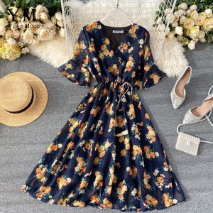 YuooMuoo Women Chiffon Dress Summer Flower Drawstring Flare Sleeve Dress Ladies Bohemian High Waist Midi Dress