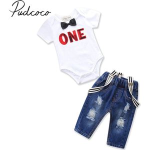 Gloednieuwe Peuter Kid Baby Boy Zuigeling 2 Stks Set Brief Banden Romper Jumpsuit + Bretels Denim Broek Kinderen zomer Kleding 0-3 T