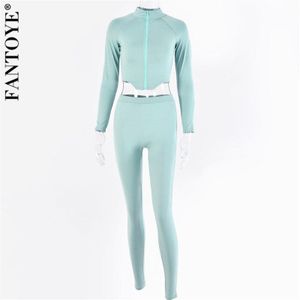 Fantoye Rits Stand Kraag Tweedelige Set Casual Onregelmatige Lange Mouwen Top En Broek Set Vrouwelijke Effen Skinny Vrouwen trainingspak