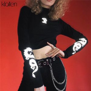 KLALIEN dragon print T-shirts reflecterende coltrui Lange Mouwen Slanke Harajuku Streetwear Vrouwen Mode Korte Tees