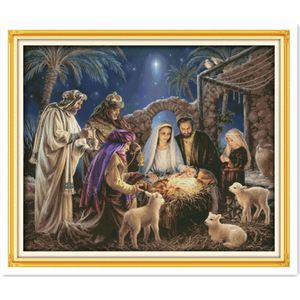 Kerststal Handgemaakte Diy Kruissteek Kit, Verlosser Jezus Religieuze Figuren Dmc Borduurwerk Borduren Hangen Foto R763