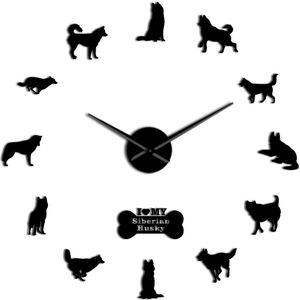 Siberische Husky Russische Hond Ras Diy Grote Wandklok Sibirskiy Haski Zelfklevende Sticker Diy Giant Wall Art Home Decor horloge