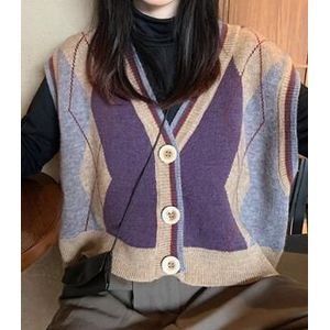 Vrouwen Lente Gebreide Jacke Mode Plaid Patronen Gedrukt Mouwloos Single-Breasted Knitwear Vrouwelijke Student Preppy Stijl Jas