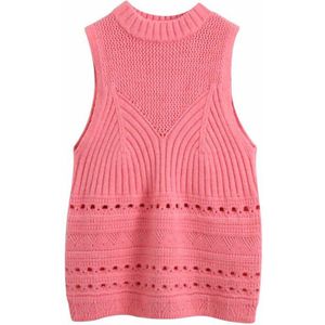 Vrouwen Zoete Mode Roze Hollow Out Mouwloze Trui Vintage O Hals Vest Meisjes Chic Tops