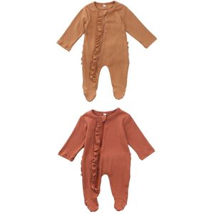 Pasgeboren Een Stuk Footed Pyjama Baby Effen Kleur Lange Mouw Ronde Hals Ruche Nachtkleding