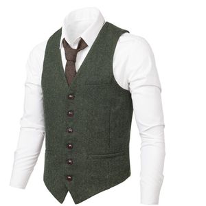 VOBOOM Mannen Vest Pak Vest Mannelijke Visgraat Wol Blend Tweed Single-breasted Groene Vesten 007