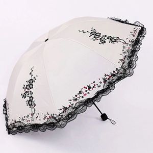 Kant Dames Parasol Parasol Regen Vrouwen Black Uv-bescherming Winddicht Waterdicht 3 Vouwen Meisje Prinses Paraplu Sunny