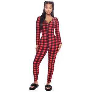 Vrouwen Dames Kerst Lange Mouwen Casual Rompertjes Plaid Jumpsuit Elastische Knoppen Nachtkleding Homewear Rood