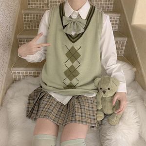 Vesten Vrouwen V-hals Argyle Retro School Uniformen Harajuku Chic Preppy Mooie Japanse Losse Mode Tank Knitwear Zacht Zoete Meisje