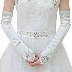 Womens Bridal Lange Handschoenen Vingerloze Borduren Lace Trim Kralen Pailletten Wedding