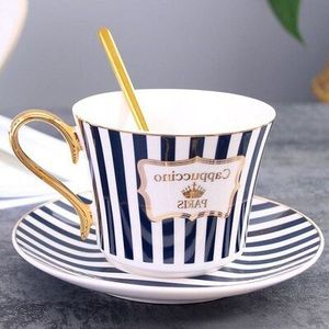 Beknopte Streep Bone China Koffie Kop Schotel Ontmoette Gouden De Lepel Elegante Keramische Parijs Thee Cup Porselein Theekopje Cafe