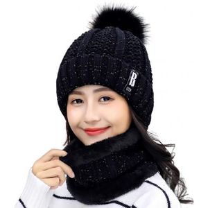 Vrouwen Winter Pluche Gebreide Mutsen Cap Gezicht Cover Sjaal Ring Set Outdoor Warm Houden Vrouwen Gebreide Muts Met Sjaals ring