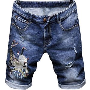 Heren Chinese Crane Pruim Geborduurde Ripped Shorts Zomer Slanke Rechte Gaten Verontruste Stretch Blue Denim Jeans Korte