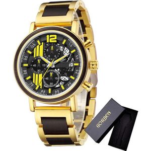 Legering & Hout Gecombineerd Band Horloges Mens Multifunctionele Chronograaf Quartz Kalender Horloge Unieke Staal Houten Klok Mannelijke Reloj